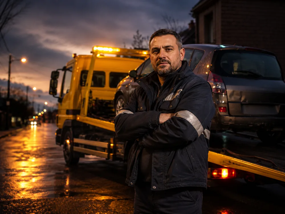 Le chauffeur d'Épave Actif devant son camion plateau en Île-de-France