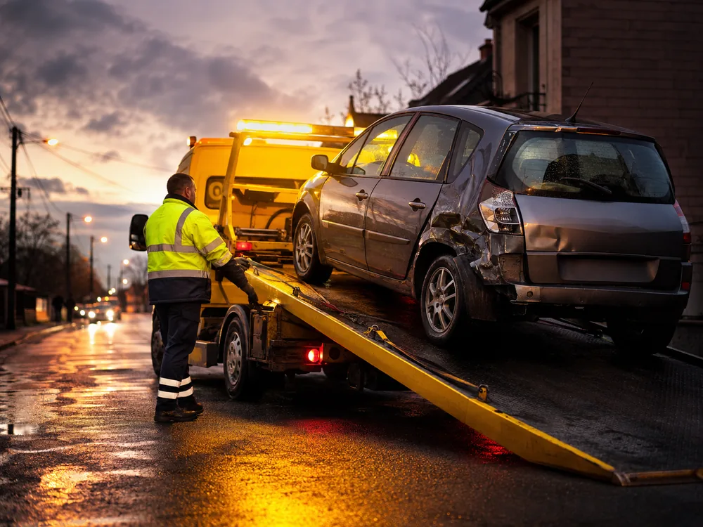 Technicien chargeant une voiture accidentée sur un camion plateau, Île-de-France